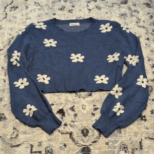 Vernacular Blue Floral Knit Cropped Sweater Women’s Small | Y2K Daisy Pullover